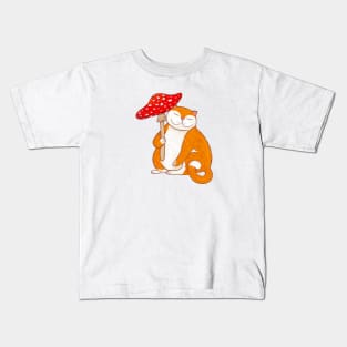 Cute Cat with Fly Agaric Mushroom Umbrella Graphic Design Kids T-Shirt